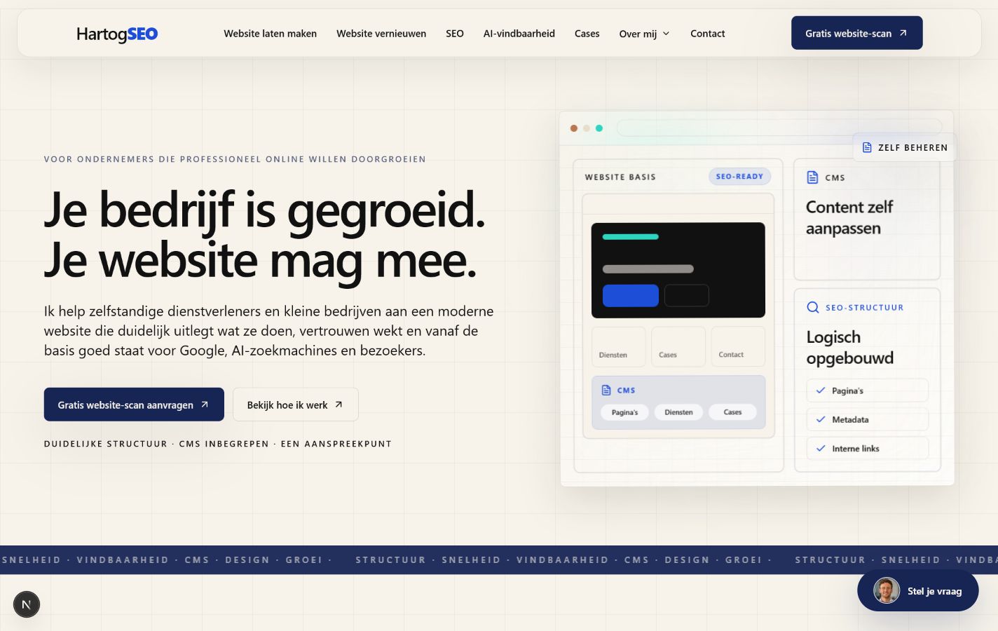 Desktop screenshot van de HartogSEO homepage met hero, navigatie en websitebasis-visual