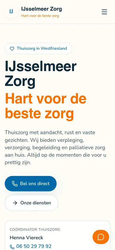 Mobiele website van IJsselmeerzorg met zorginformatie en contactroute