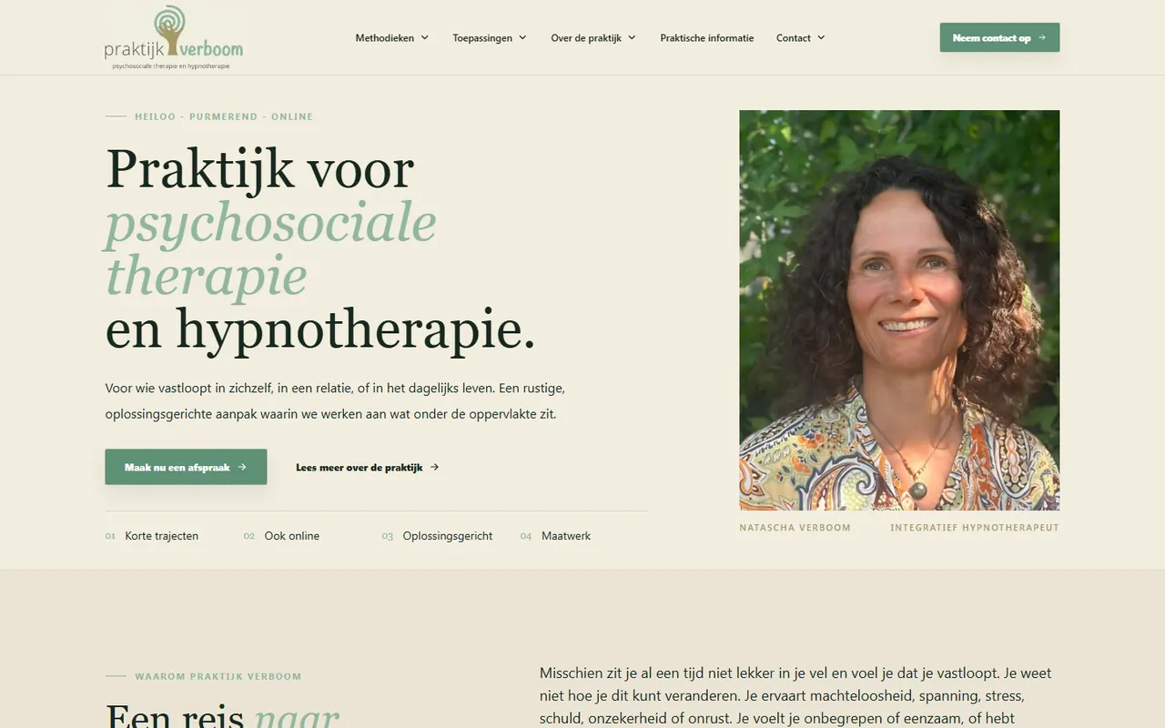 Vernieuwde website van Praktijk Verboom met rustige praktijkinformatie en contactroute