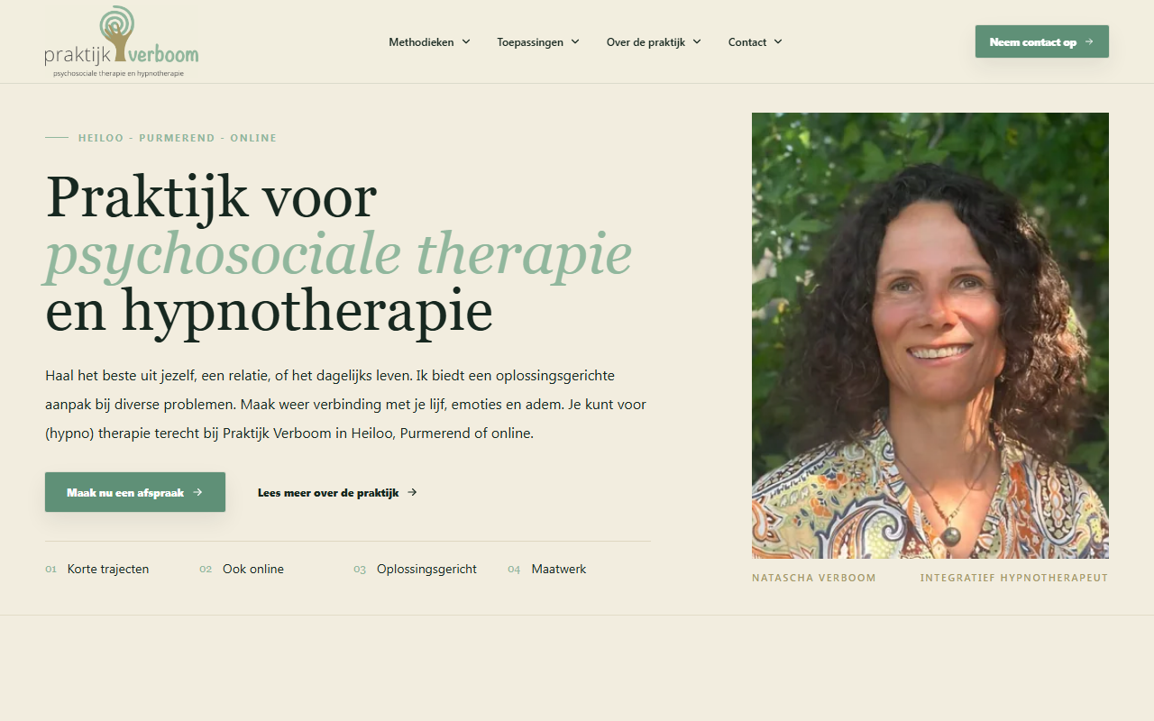 Praktijk Verboom homepage na de vernieuwing met rustige structuur en duidelijke contactroute