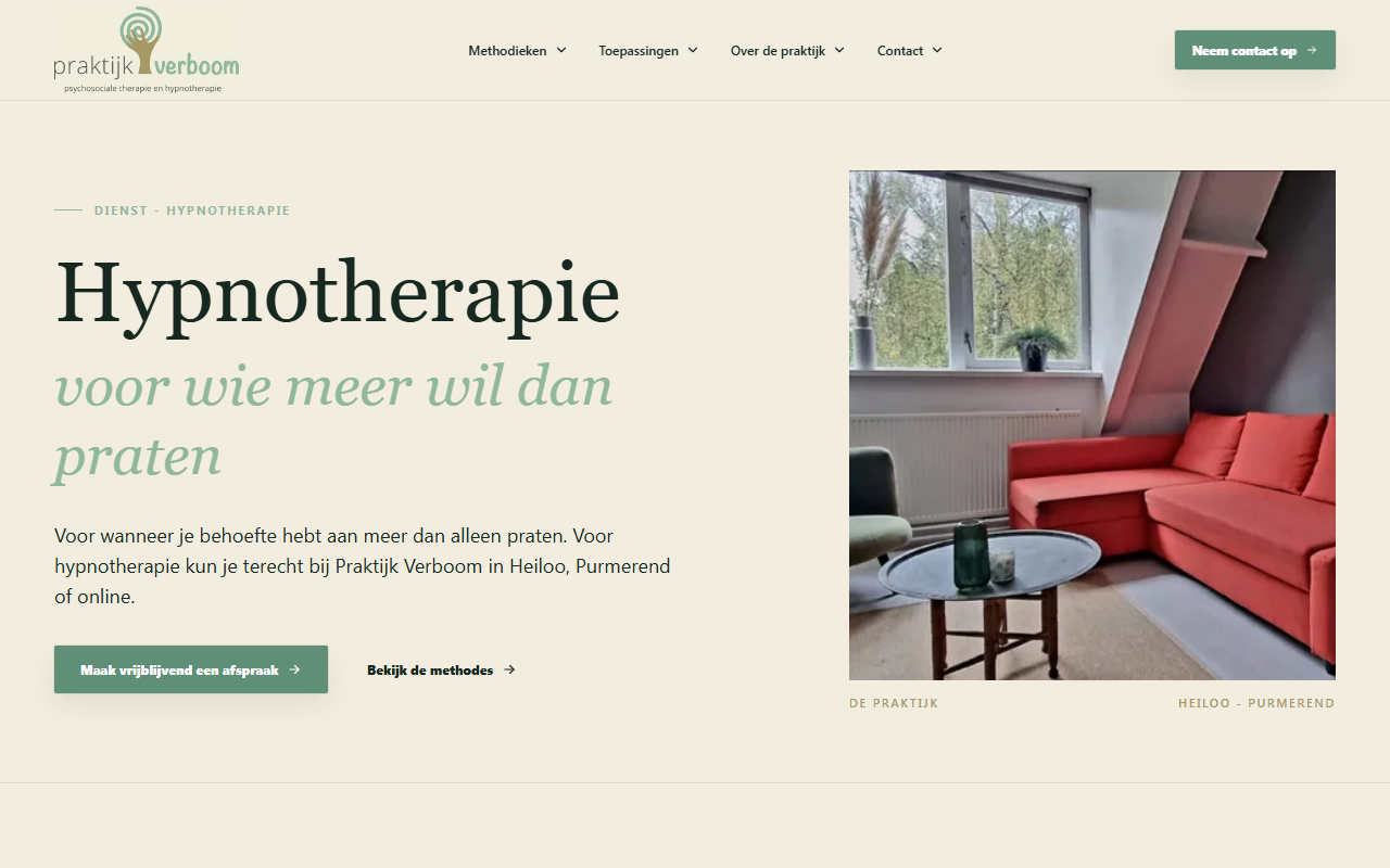 Praktijk Verboom hypnotherapiepagina na de vernieuwing met rustige hero en duidelijke afspraakroute
