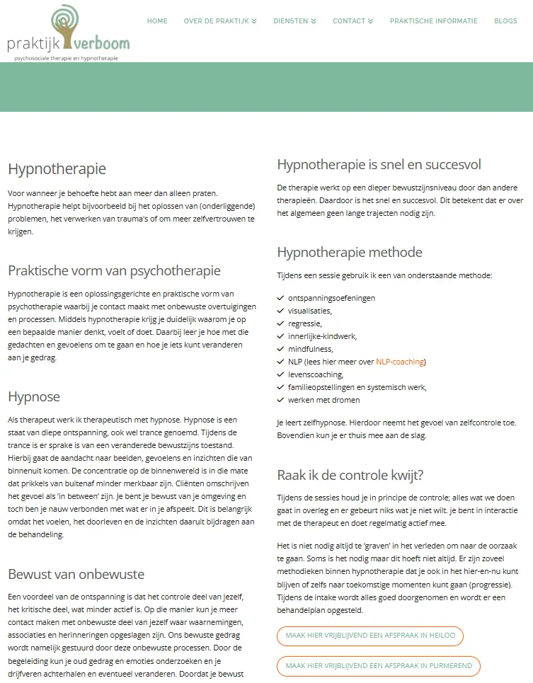 Praktijk Verboom hypnotherapiepagina voor de vernieuwing