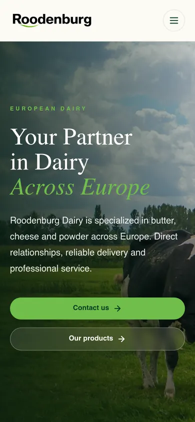 Mobiele B2B-website van Roodenburg Dairy met productinformatie en contactroute